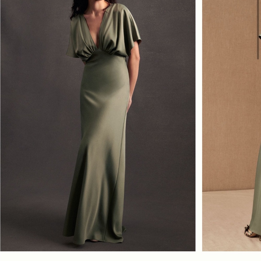 BHLDN Leila Deep V Flutter Sleeve Satin A Line Gown Moss